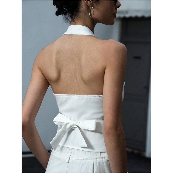 Women's Backless Halter Crop Vest Button Up V Neck Dressy Going Out Suit Top - Picture 2 of 6